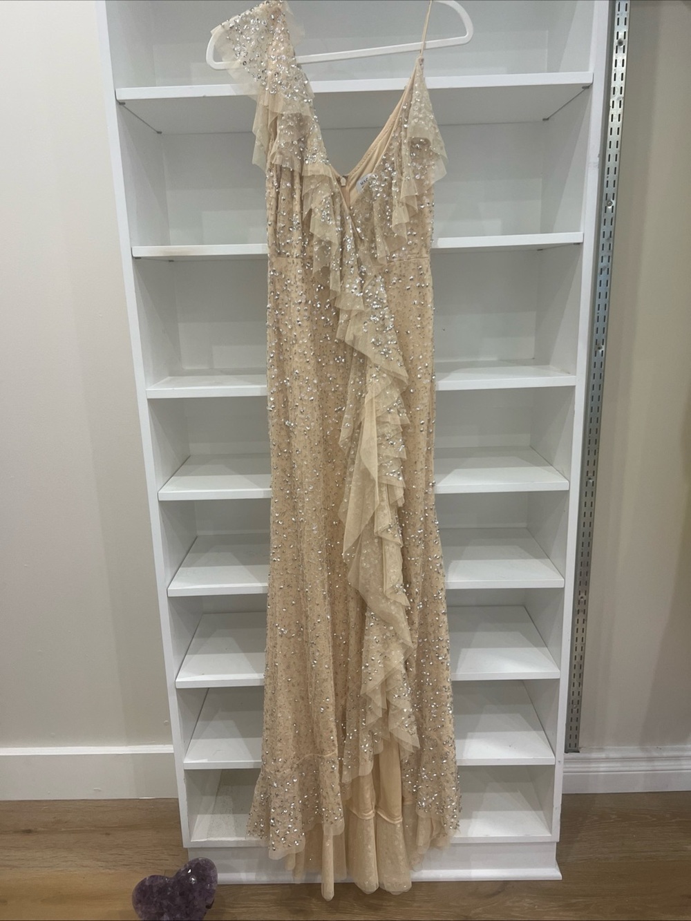 Mac Duggal Champagne Sequin Ruffle Slip